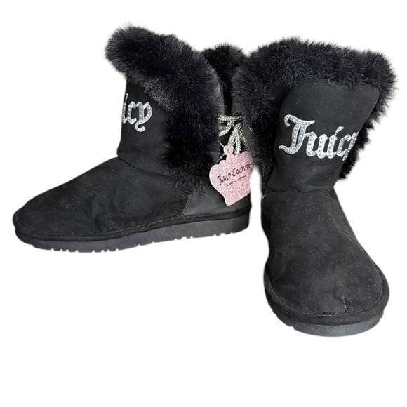 Juicy Couture Other - NWT Juicy Couture Black Faux‎ Fur Boots Rhinestone Bow Glitter Logo Kid's Size 1